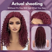 13x4 蕾丝前假发 BUJ 勃艮第酒红色蕾丝前假发卷曲混合真人发预拔 200% 密度混合假发 - 混合真人发和合成深卷发 99J 勃艮第酒红色蕾丝前假发卷曲混合真人发红色非常适合女性日常佩戴 - SBUG - 查看 3