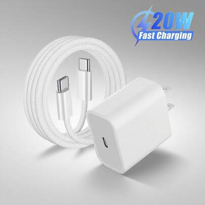 20W Portable Fast Charger + 3.3ft/100cm Type-C To Type-C High-Efficiency Data Transfer Braided Cable, Compatible With IPhone 16/16 Pro/16 Pro Max/16 Plus/15/15 Pro/15Pro Max/IPad Mini6/IPad Air4/IPad Pro,Phone ChargerHigh Output Power