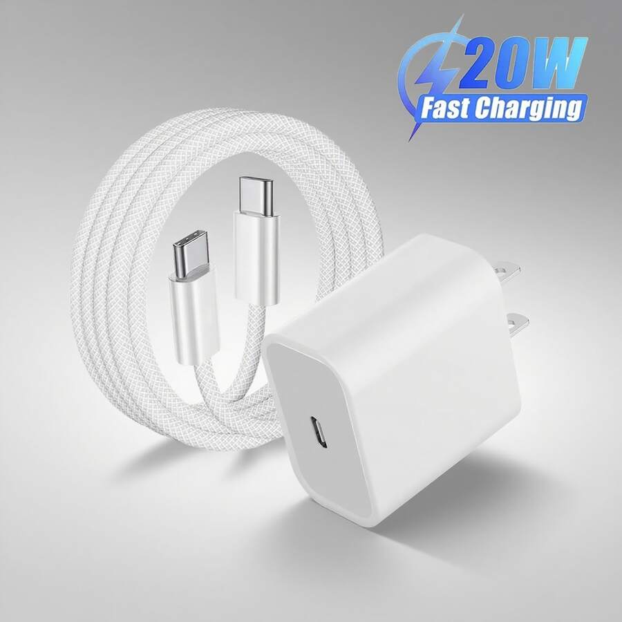 20W Cargador rápido portátil + Cable trenzado de alta eficiencia de Tipo-C a Tipo-C de 3.3ft/100cm para transferencia de datos, compatible con iPhone 16/16 Pro/16 Pro Max/16 Plus/15/15 Pro/15Pro Max/iPad Mini6/iPad Air4/iPad Pro, Cargador de teléfono de alta potencia - Tipo de Enchufe A USA (110-127V) - Ver 1
