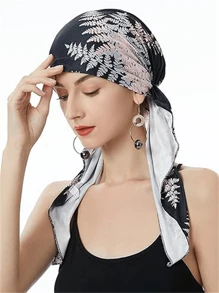Muslim Pre-Tied Headscarf, Lightweight Women Printed Curved Floral Fabric Cap, Milk Silk Turban Hat