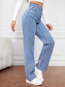 Pantalones vaqueros de cintura alta para mujer Color claro lavado Pierna ancha suelta Pantalones rectos de talla grande - Lavado ligero - Ver 3