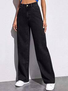 Pantalones vaqueros de cintura alta para mujer Color claro lavado Pierna ancha suelta Pantalones rectos de talla grande - Negro - Ver 1