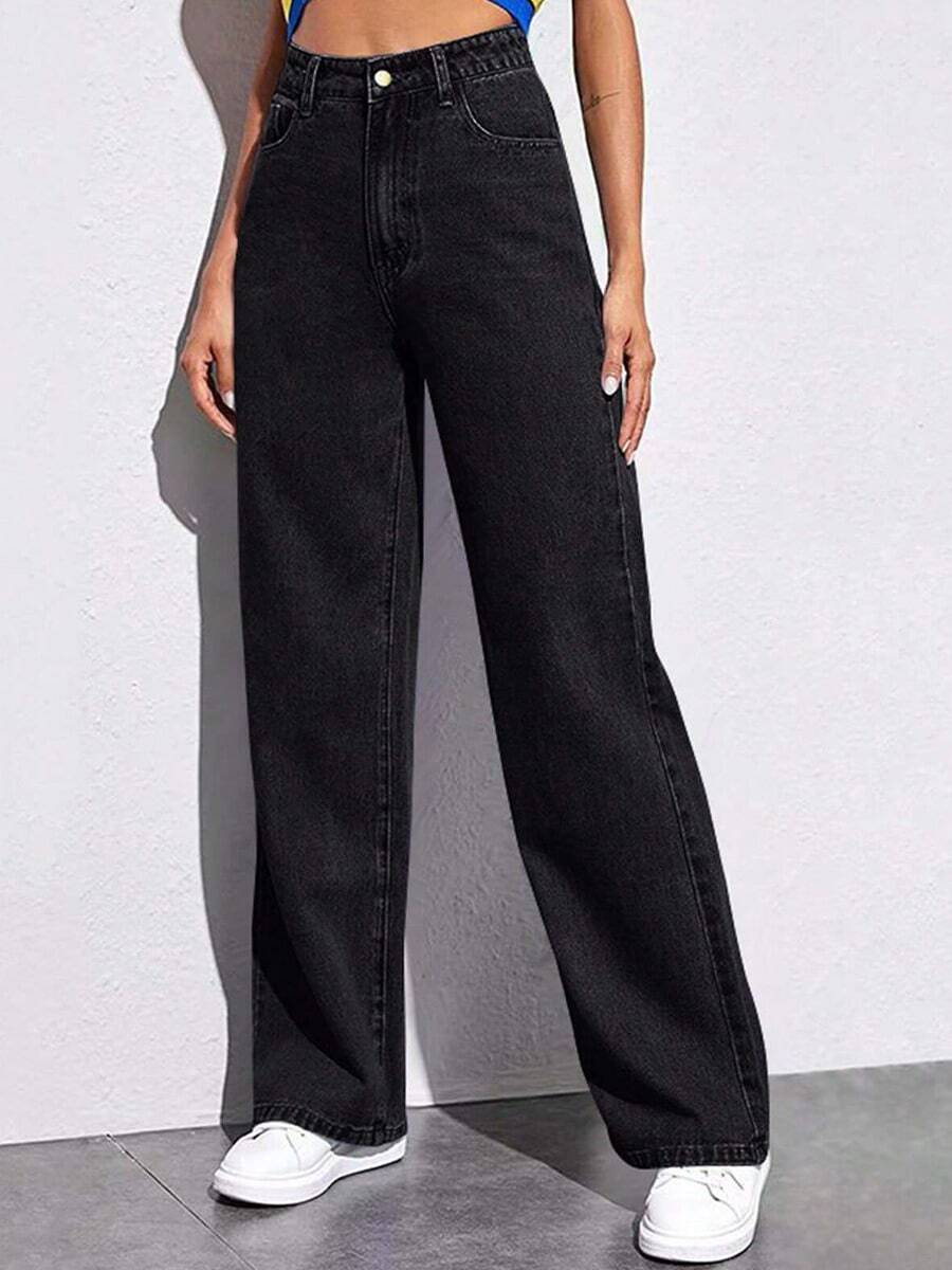 Pantalones vaqueros de cintura alta para mujer Color claro lavado Pierna ancha suelta Pantalones rectos de talla grande - Negro - Ver 1