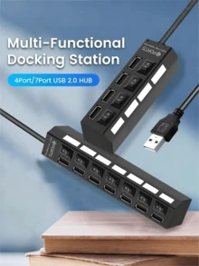 محطة شحن USB 2.0 ب- 4 منافذ/7 منافذ، شاحن USB مع مؤشر LED، مفتاح تشغيل/إيقاف مستقل، محطة توسيع USB، محول طاقة، محطة شحن USB 5 فولت 1 أمبير للكمبيوتر والأجهزة اللوحية والكمبيوتر المحمول