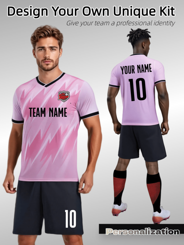 2pcs Eye - Catching Pink Soccer Kit – Personalized Team Name & Number, Lightning Bolt Graphic. Stand Out With This Pink Jersey Featuring Bold White Lightning Patterns And Black Shorts. Made From Stretchy, Moisture - Resistant Fabric, It Offers Freedom Of Movement And Comfort. The V - Neck And Contrast Trim Deliver A Sleek, Athletic Look, Ideal For Teams Wanting To Make A Statement.