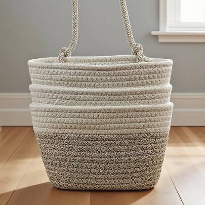 1 Set/3 Stück dreistöckiger wandmontierter Seilkorb, grau-weiß gemischte Farbe, bohemian-Stil Aufbewahrungskorb für Zuhause, handgefertigt, geeignet für Schlafzimmer, Wohnzimmer, Sortierung und Aufbewahrung von Kleinigkeiten, geeignet als Weihnachtsgeschenk, Badezimmer-Accessoires, Raumdekoration