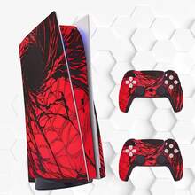 For PS 5 Disc Version Console And Controller Protective Film Sticker - Anti-Scratch PVC Black And Red Symbiote Sticker, Bubble-Free Sticker, Perfect Holiday Gift