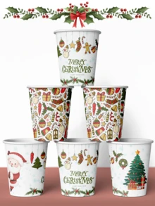 20/50 copos descartáveis de papel para café natalinos, com estampas requintadas de Papai Noel e árvore de Natal, são a decoração de mesa perfeita para celebrar festas de Natal. Adequados para xícaras de café, água, suco e sobremesas. - Multicolorido - Ver 2