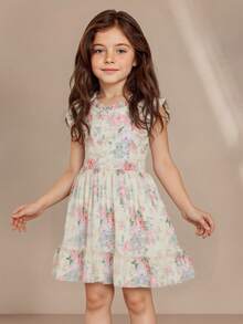 SHEIN Young Girl' Rose Ditsy Floral Sleeveless Puff Dress, High Quality Princess Style Summer Swing Dress With Back Zipper, Cute & Sweet Daily/Casual Wear - Pink - View 5