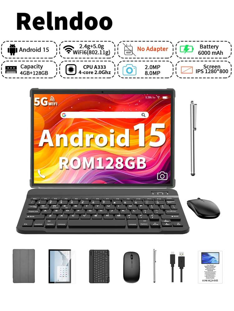 Relndoo Android 15 Tablet, Latest System 2 In 1 Tablet, Tablet PC With Keyboard, Leather Case, Mouse, Stylus, Protective Film, Cable, (4GB+20GB) RAM+128GB ROM, A333 Quad-Core 2.0 GHz, 802.11n Wifi 2.4G/5G Wireless, 2MP+8MP Dual Camera, 10.1 Inch 1280*800px HD Touchscreen, 6000mAh Long Battery Life, Supports 1TB SD Expansion, Type C (No Adapter)-Grey - View 1