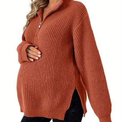 Local Delivery - 1pc Elegant Maternity Sweater - Turtleneck, Solid Color, 1/4 Zip, Loose Fit With Side Slits, Long Sleeve, Slight Stretch Polyester Knit Pullover For Fall/Winter
