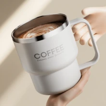 1 个 400ML 304 不锈钢咖啡杯带手柄和盖子，双层隔热咖啡杯，防烫奶茶水杯，防漏冷热水饮水杯，适合成人和学生在家中、学校、宿舍、办公室、派对、野餐和露营时使用 - 彩色 - 查看 2