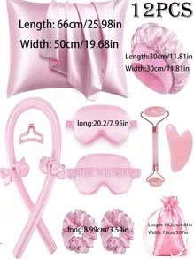12pcs Sleep & Hair Care Tool Set, Includes Curling Iron, 1pc Silk Pillowcase (Queen Size For Hair & Skin), Heatless Curling Set, Overnight Curling Rods, 1pc Soft Sleep Mask, 1pc Silk Sleep Cap, Sleep Essentials Set, Hair Accessories, Facial Massage Roller, Hair Care Products