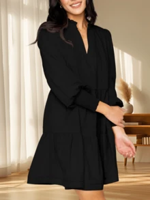 Womens Fall Casual V Neck Long Sleeve Loose Ruffle Tiered Tunic Dress - Black - View 2