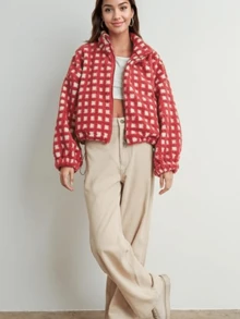 Women's Short Cotton Coat Lightweight Floral Print Long Sleeve Zipper Puffy Cardigan Jacket - 紅色 - 查看 2