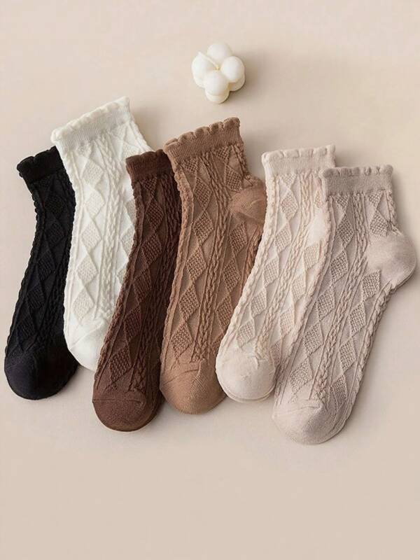 6 Pairs Of Women's Solid Color Diamond Pattern Short Socks - Breathable And Comfortable, With Lace Edge Suitable For Spring And Summer, Cute Socks