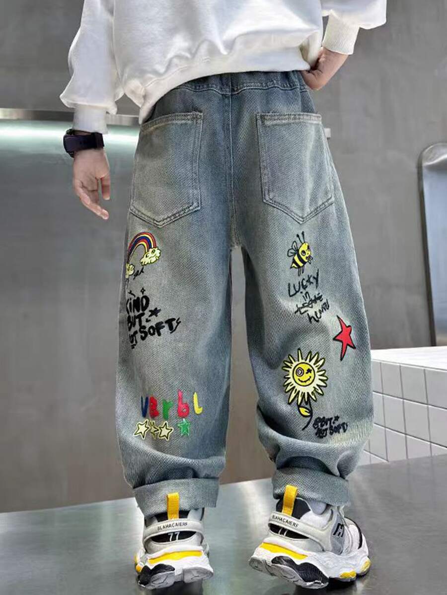 男童印花牛仔裤青少年儿童春秋季新款松紧腰休闲宽松长裤 - 中等水洗藍 - 查看 1