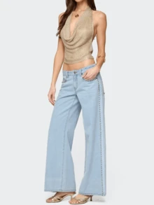 Women's Deep V Cowl Neck Backless Halter Top Tie Open Back Going Out Y2k Rave Festival Tops - 金色 - 查看 7