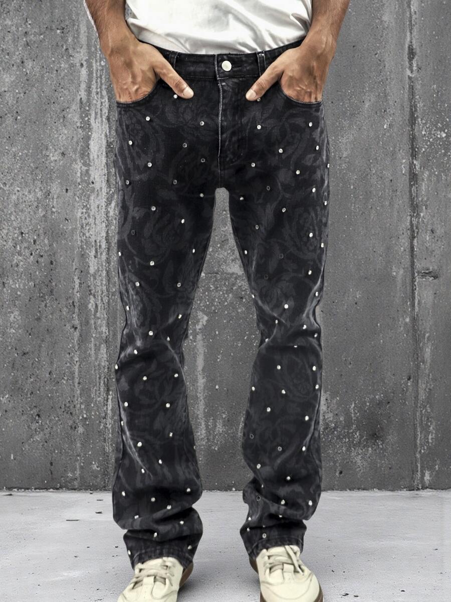 Diamond Print Elastic Tight Jeans, Men's Straight Leg Jeans, Casual Pants, Slim Fit Jeans, Retro Beggar Hip-Hop Pants - 黑色 - 查看 1