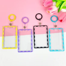 Simple Color Wave Card Holder,Acrylic Transparent Kpop Idol Photocard Holder Cute Love Heart ID Credit Card Sleeve Cover Protector With Pendant Keychain - trắng - Xem 4
