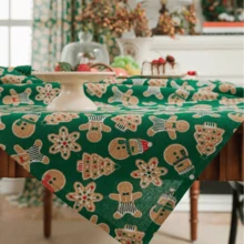 1pc/2pcs Christmas Gingerbread Man Printed Green & White Tablecloth, Table Runner, Table Runner, Dining Napkin - Multicolor - View 11