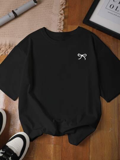 Women's Plus Size Round Neck Short Sleeve Tee Regular Length Knitted Fabric With Bow Print Drop Shoulder Semi-Sheer Everyday Casual Top