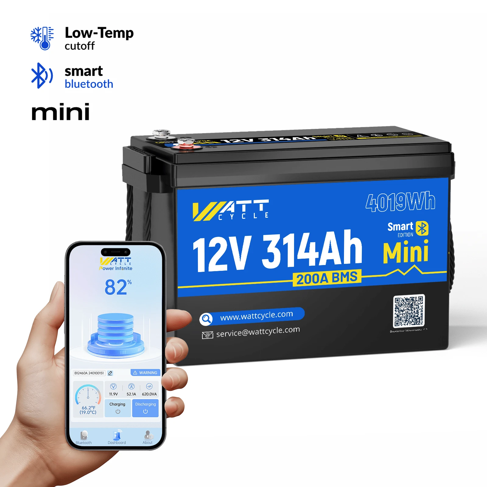 WattCycle 12V 314Ah LiFePO₄ Battery|200A BMS, 4019Wh High Capacity, Bluetooth Connectivity, Fit For RVs/Yachts/Trolling Motors, Full - Scenario Long - Range Power Solution - 12V 314Ah MINIBT - 查看 1