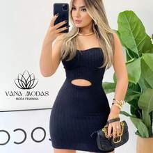Kit 2 Vestido Midi Tubinho Feminino Bubble Com Bojo Decote Tomara Que Caia Curto - Preto/Bege - Visão 2