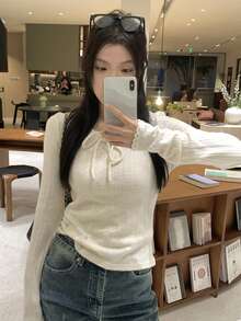 Women's Casual Commuting Elegant Elegant Solid Color Lace-Up Long Sleeve Slim Fit T-Shirt, Spring/Autumn - Apricot - View 5