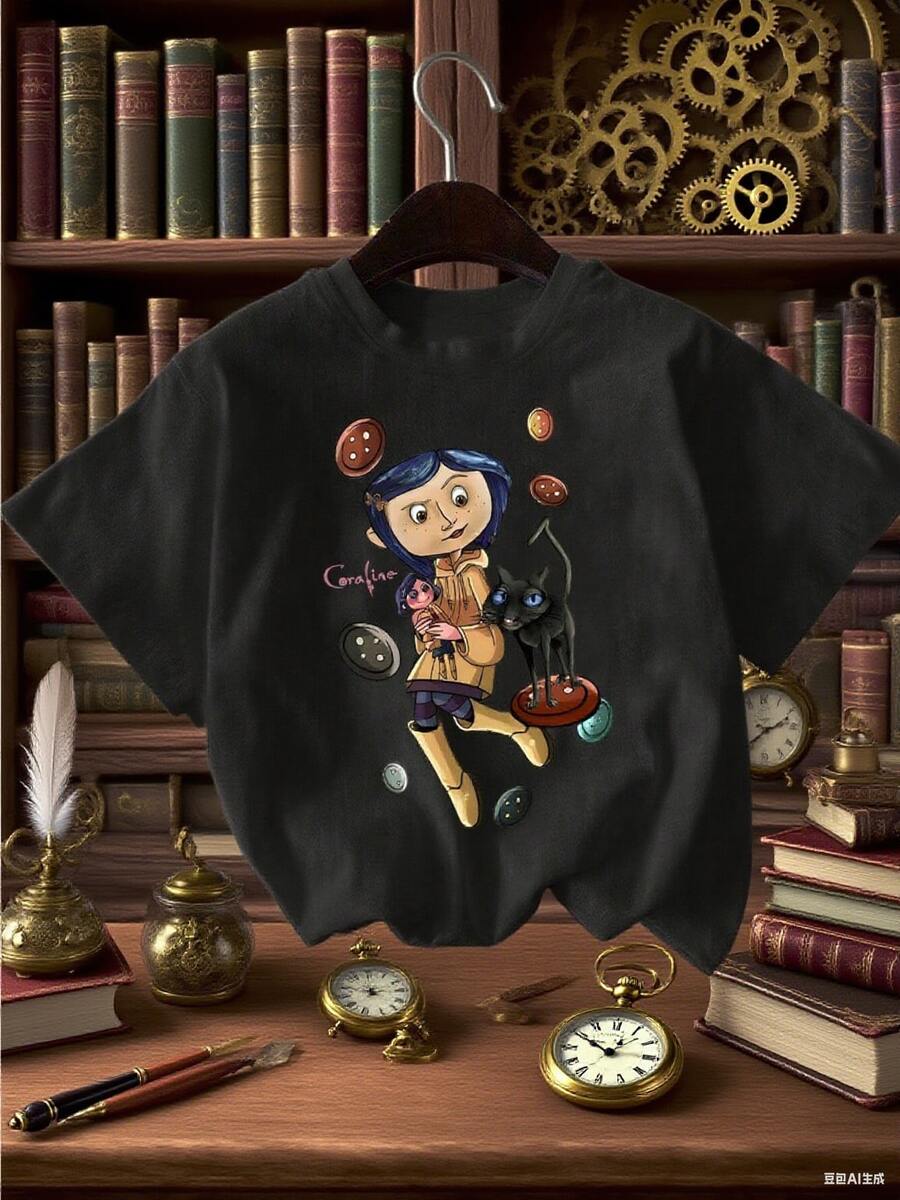 The Pattern On The T-Shirt Is Caroline, The Protagonist Of The Anime "Ghost Mom", Holding A Doll With A Black Cat Beside Her - màu đen - Xem 1