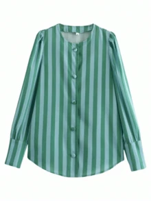Women's Round Neck Gigot Sleeve Striped Single-Breasted Blouse - Green - View 3