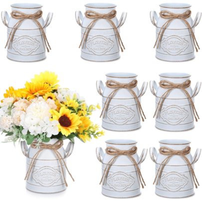 Jarrones de estilo retro y granja decorados con latas de leche, jarrones de flores retro, jarrones de metal galvanizado, cubos de flores de campo con asas, decoración central de mesa para Acción de Gracias y Navidad, regalos de boda (15 cm), blanco, verde, rosa, azul