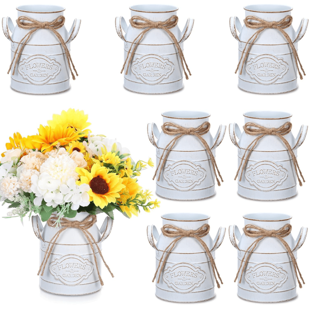 Retro Farmhouse Vases Decorated With Milk Cans, Retro Flower Vases, Galvanized Metal Vases, Country Flower Buckets With Handles, Thanksgiving And Christmas Table Center Decoration, Wedding Gifts (6 Inch), White, Green, Pink, Blue