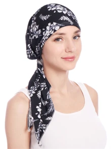 Muslim Pre-Tied Headscarf, Lightweight Women Printed Curved Floral Fabric Cap, Milk Silk Turban Hat