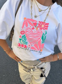 1 buc Tricou cu mânecă scurtă, cu guler rotund și imprimeu grafic casual pentru fete adolescente, îmbrăcăminte de vară pentru studenți - Tricou minimalist în stil englezesc care inspiră imaginația și exprimarea de sine