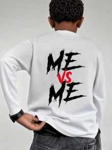 Tween Boy 1 件休闲印花圆领长袖 T 恤，秋冬季，学生时尚上衣 - 白色 - 查看 1