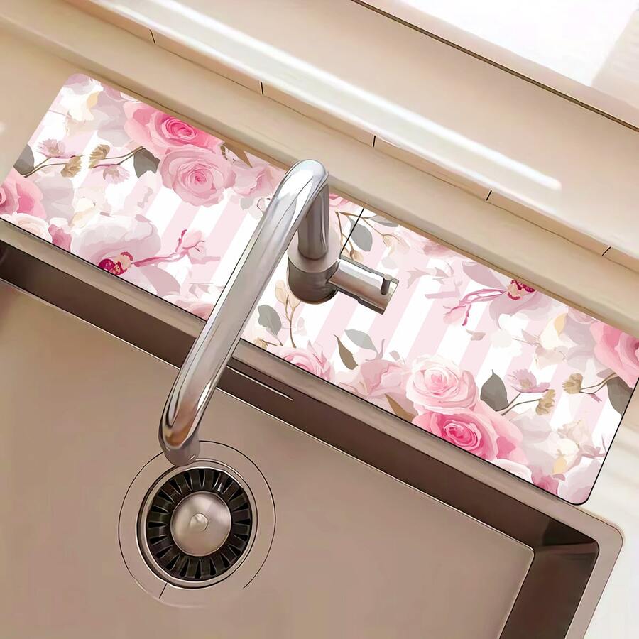 1 pieza/90 piezas Alfombrilla secadora de agua con estampado de rosas rayadas rosas, alfombrilla secadora de agua retro para café, alfombrilla secadora de agua con base de goma para encimeras de baño y cocina, adecuada para grifos utilizados en oficinas, granjas comerciales y hogares, decoración de tienda