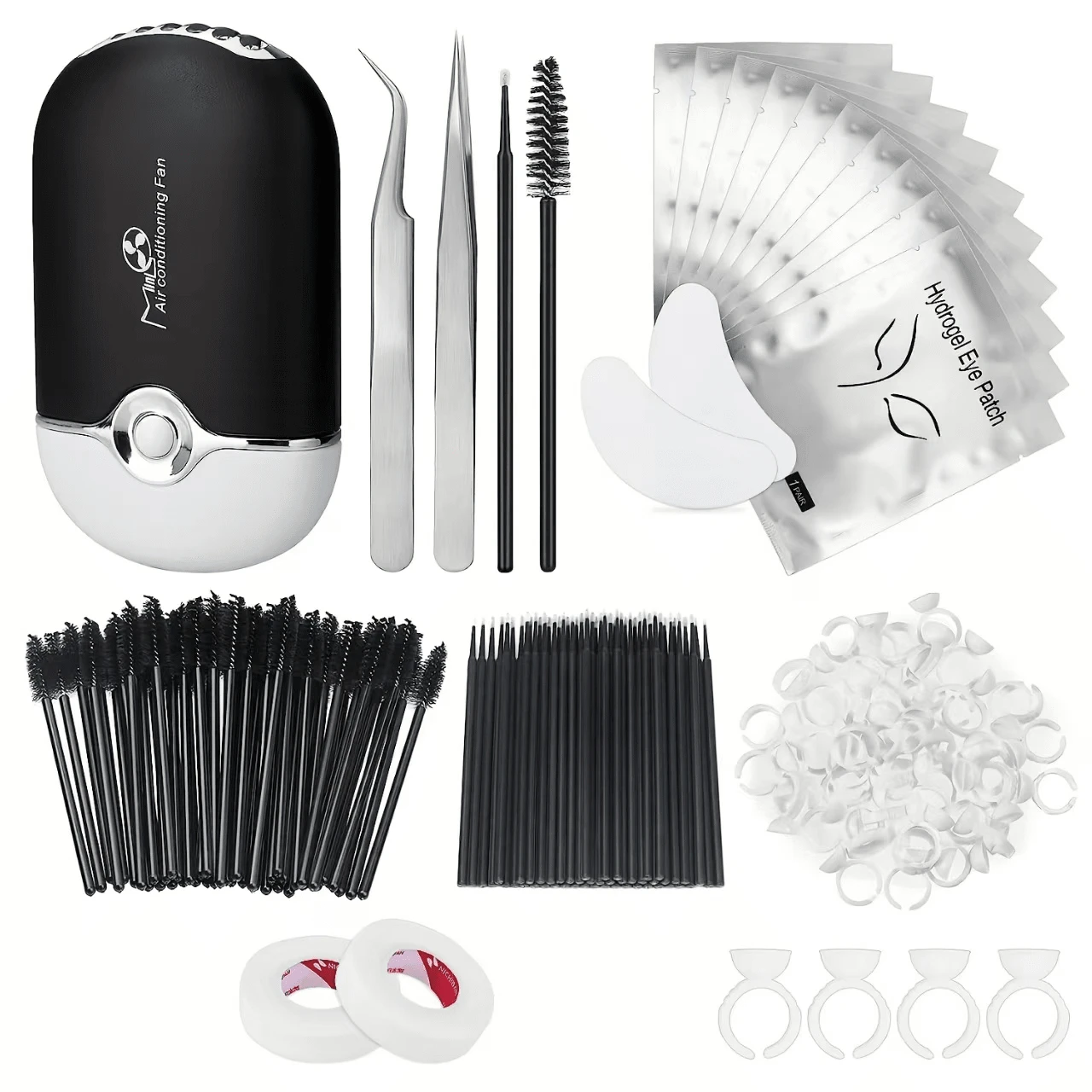 Beginner's Easy Set [215-Piece Set] Eyelash Extension Product Set, Suitable For Beginners To Use. USB Air Conditioner Blower, 2 Eyelash Tweezers, 100 Eyelash Cotton Swabs, 50 Eyelash Brushes, 100 Ring Cups, 2 Tapes, 10 Eye Pads - màu đen - Xem 1