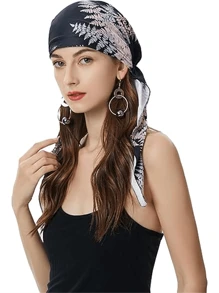 Muslim Pre-Tied Headscarf, Lightweight Women Printed Curved Floral Fabric Cap, Milk Silk Turban Hat