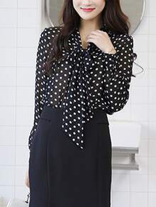 Manga Larga Casual Cómodo Primavera Verano Otoño Polka Dot Chiffon Shirt Bow Tie Ladies Tops Bottom Shirt - Negro - Ver 1