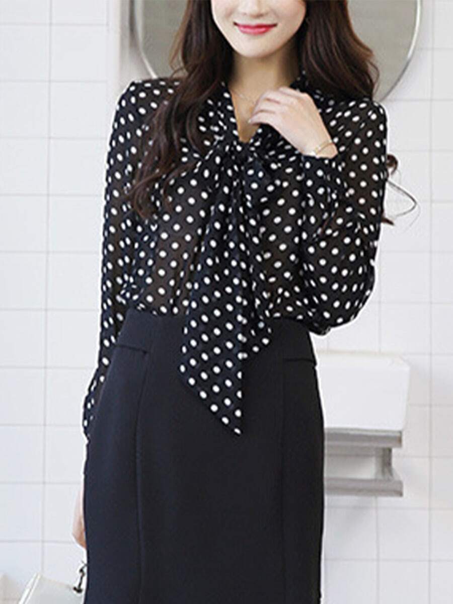 Manga Larga Casual Cómodo Primavera Verano Otoño Polka Dot Chiffon Shirt Bow Tie Ladies Tops Bottom Shirt - Negro - Ver 1