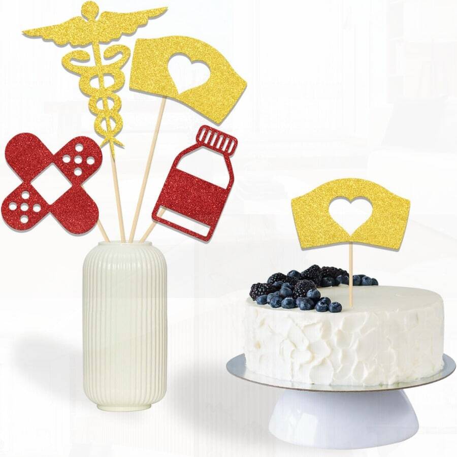 Nurse Theme Centerpiece Sticks For Graduation & Themed Parties, Gold & Red, 12 Pieces, Medical Rn Decor Supplies