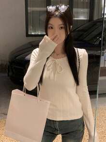 Women's Casual Commuting Elegant Elegant Solid Color Lace-Up Long Sleeve Slim Fit T-Shirt, Spring/Autumn - Apricot - View 4