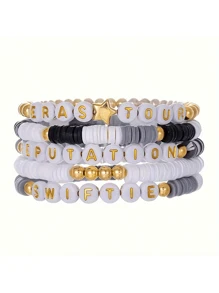 9pcs Set Women's Stackable Elastic Sports Bracelets, Sporty Soft Ceramic Beaded Football Fan Jewelry, Suitable For Daily And Sports Use