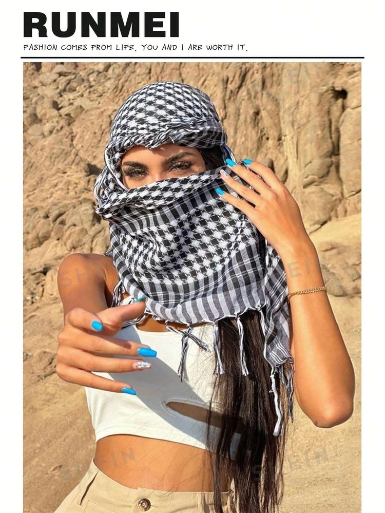 1pc Classic Desert Plaid Print Scarf, Unisex Arabic Outdoor Sunscreen Windproof Tassel Shawl Wrap, Suitable For Daily And Outdoor Wear Abaya Accessory, Soft Headscarf, Women Veil - Black and White - View 3