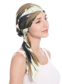 Muslim Pre-Tied Headscarf, Lightweight Women Printed Curved Floral Fabric Cap, Milk Silk Turban Hat