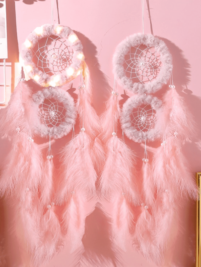 1 Stück rosa doppelreifiger fluffiger Traumfänger, süßer mädchenhafter rosa Feder Dekor Traumfänger für Raumdekoration, Fotografie Requisite (Federn sind künstlich)