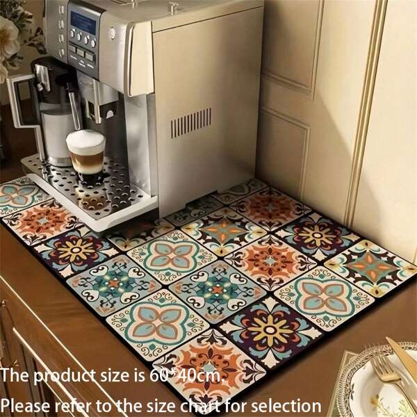 1 Pc  Quick-Drying Coffee Mat, Coffee Bar Accessories, Non-Slip Bohemian Floral Kitchen Counter Absorbent Plate Drying Mat, Microfiber Suitable For Coffee Maker, Coffee Maker, Super Absorbent Mat, Good Cleaning