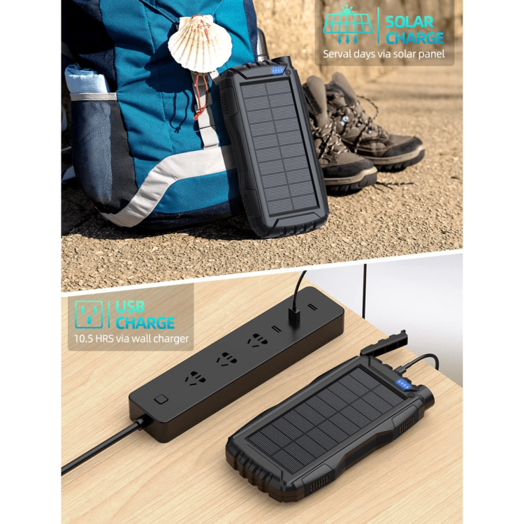 SUNVEZA Power-Bank-Solar-Charger - 36800mAh Portable Charger,Solar Power Bank,External Battery Pack 5V3.1A Qc 3.0 Fast Charger Built-In Super Bright Flashlight (Orange) - 深黑色 - 查看 4