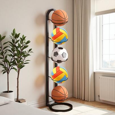 Multi‑Purpose Ball Storage Rack And Indoor Sports Display Stand For Home Gym And Living Space, Basketball And Football Organizer, Space‑Saving, Easy Assembly, Sturdy Sports Equipment Holder For Kids' Rooms, Dorms, Garages, And Play Areas, Keeps Balls, Gear, And Training Accessories Neatly Arranged; Complements Modern Home Decor; Ideal Gift For Spring Cleaning And Active Lifestyles